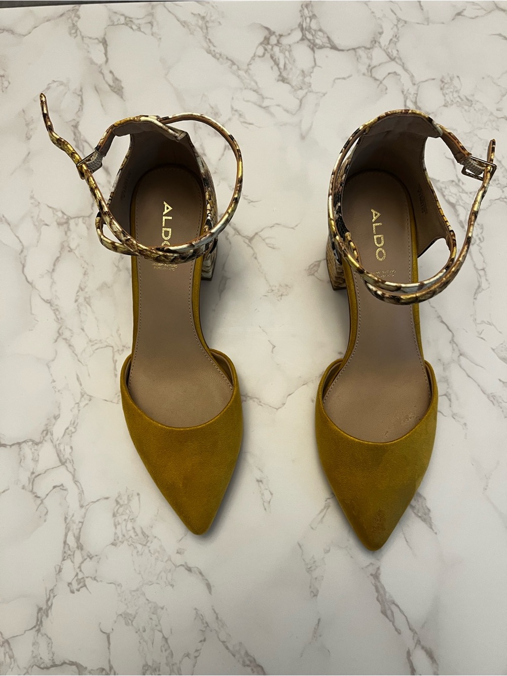 ALDO Mustard Pointed-Toe suede heels with snake print on the heel ankle strap